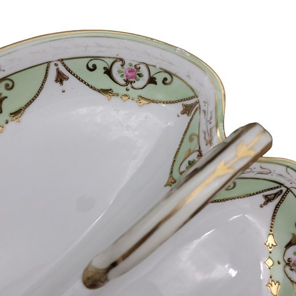 VTG Nippon Porcelain Handle Dish Basket Hand Painted Candy Dish Mint  White Gold - Picture 3 of 9